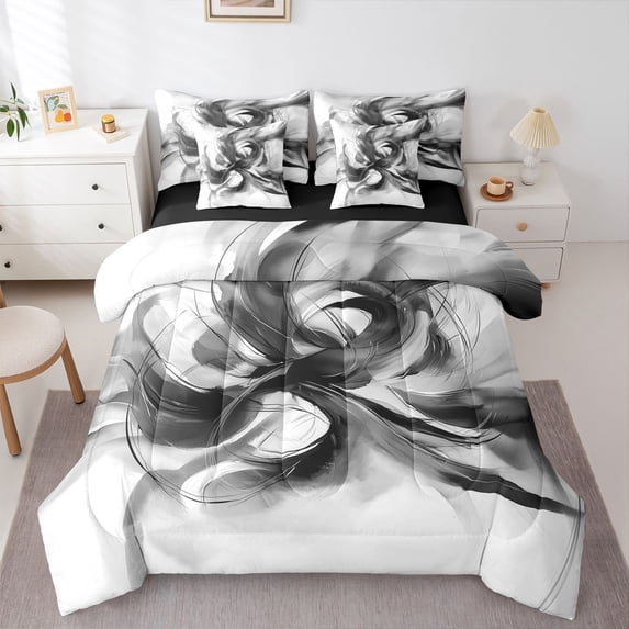 Homewish Gray Ombre Geometric 7-Piece Twin Bedding,Abstract Modern Bedding Comforter Set,Black Reversible