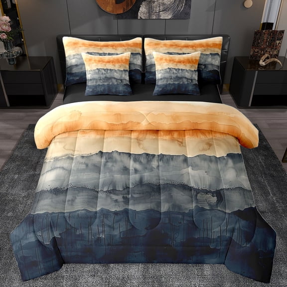 Homewish Gray Orange Deepblue 7-Piece Bedding Comforter Set,Modern Ink Painting King Bedding Sets,Abstract Splatter Ink Bed Sheets For Adults,Luxury Bedroom Decor Reversible