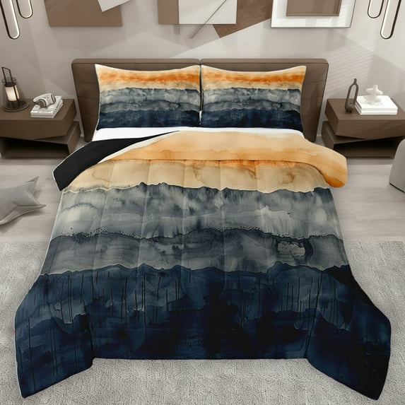 Homewish Gray Orange Deepblue Full Size Comforter Sets,Modern Ink Painting Bedding Comforter Set,Abstract Splatter Ink Bedding Sets For Adults,Luxury Bedroom Decor Reversible,3pcs