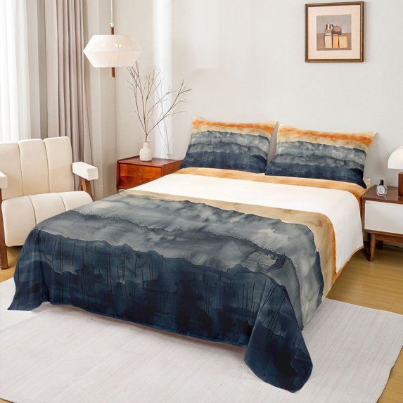 Homewish Gray Orange Deepblue Twin Sheet Sets,Modern Ink Painting Twin Fitted Sheet,Abstract Splatter Ink Flat Sheet For Adults,Luxury Bedroom Decor,3 Pieces