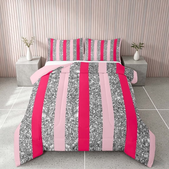 Homewish Gray Pink Stripe Queen Comforter Set for Girls, Glitter Stars Comforter Sets Queen, Pink Reversible, 3-Piece 1 Comforter and 2 Pillowcases