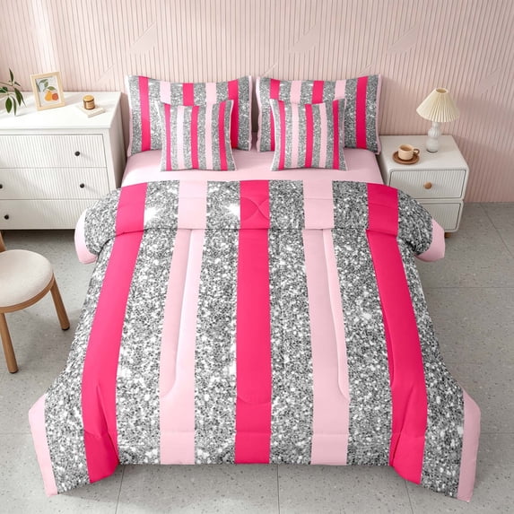 Homewish Gray Pink Stripe Twin Bedding for Girls, Glitter Stars Bedding Comforter Set, Pink Reversible, 7pcs