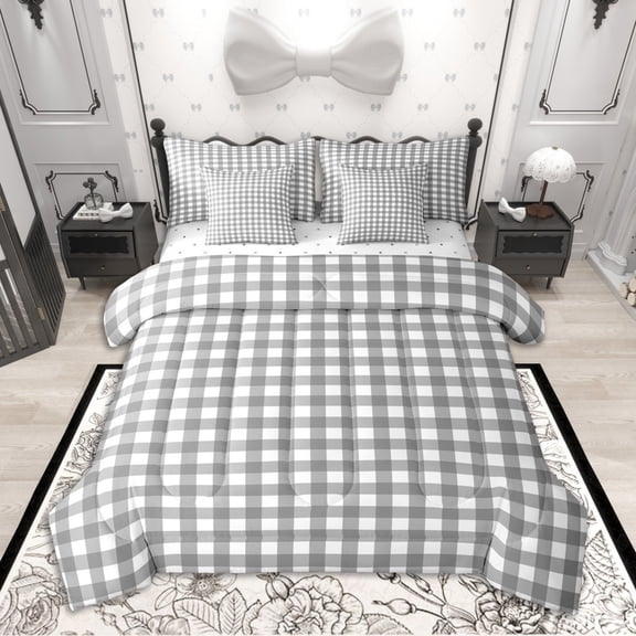 Homewish Gray Plaid Twin Bedding Sets 7-Piece, Geometric Buffalo Grid Bedding Comforter Set, Cute Checkered Sheet Sets, Lightweight Room Decor