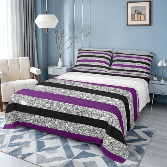 Homewish Gray Purple Black Stripes Queen Sheets, Glitter Stars Queen Sheet Sets, 4 Pieces (1 Flat Sheet, 1 Fitted Sheet and 2 Pillowcases)