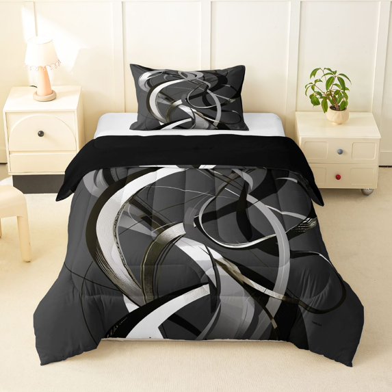 Homewish Gray Spiral Swirl Twin Comforter Sets,Classic Contemporary Bedding Set,Black Reversible,2-Piece,1 Comforter and 1 Pillowcase