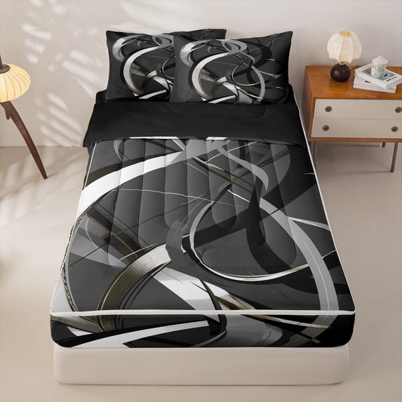 Homewish Gray Spiral Swirl Zipper Twin Comforter Sets with Fitted Sheet and 2 Pillowcases,Classic Contemporary Zipper Bedding Set,Black Reversible,4pcs