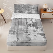 Homewish Gray Tie Dye Zipper Twin Comforter Sets with Fitted Sheet and 2 Pillowcases,Retro Geometric Artwork Zipper Bedding Set,Reversible,4pcs
