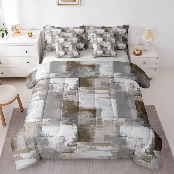 Homewish Gray Watercolor Grid 7pcs Queen Bedding,Geometric Grunge Bedding Comforter Set Queen,Light Gray Reversible