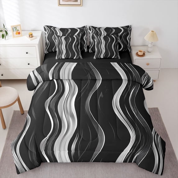 Homewish Gray Wavy Line 7pcs Queen Bedding,Classic Modern Artwork Bedding Comforter Set Queen,Black Reversible
