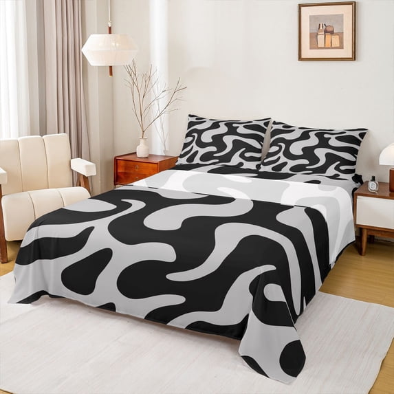 Homewish Gray Wavy Spiral Bed Sheets,Modern Aesthetic Full Size Sheets,4pcs,1 Flat Sheet, 1 Fitted Sheet and 2 Pillowcases