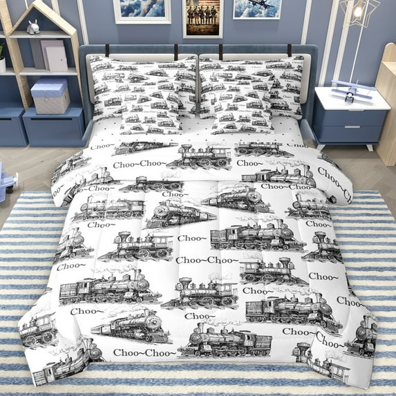 Homewish Gray White 7pcs Bedding Comforter Set,Vintage Western Train Queen Bedding Sets,Retro Vehicles Car Queen Sheet Sets For Boys Teens,Super Cozy Room Decor