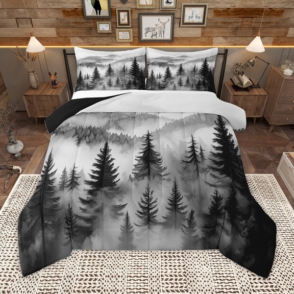 Homewish Gray White Twin Comforter Set (2-Piece) Rustic Pine Tree Tropical Plant Breathable Reversible Decor For Kids