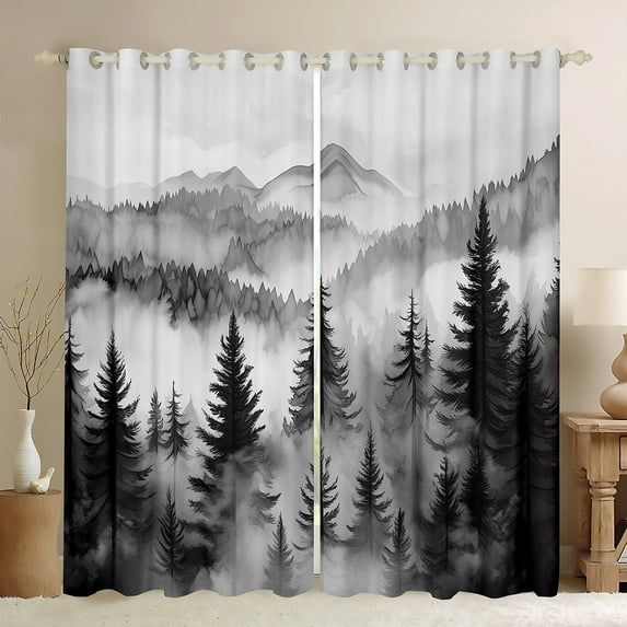 Homewish Gray White Black Out Curtains,Rustic Pine Tree Curtains Pack of 2 (42x63 Each),Tropical Plant Bedroom Curtains For Adult,Breathable Home Decor