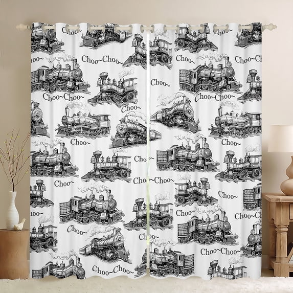 Homewish Gray White Curtains Pack of 2 (42x84 Each),Vintage Western Train Curtains Blackout,Retro Vehicles Car Bedroom Curtains For Boys Teens,Super Cozy Room Decor