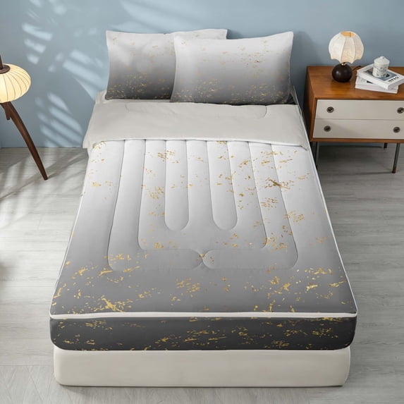 Homewish Gray White Zipper Full Size Comforter Sets with Fitted Sheet and 2 Pillowcases, Modern Gradient Art Zipper Bedding Set
