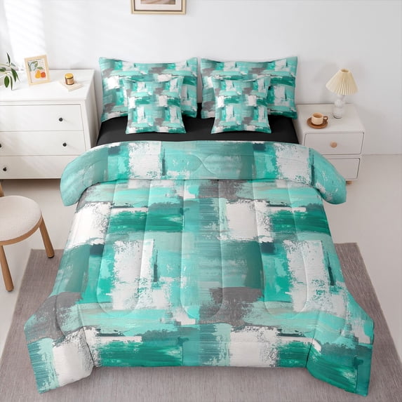 Homewish Green Abstract Plaid 7-Piece Twin Bedding,Classic Aesthetic Bedding Comforter Set,Black Reversible