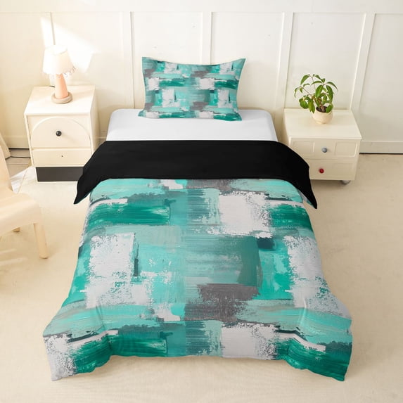 Homewish Green Abstract Plaid Twin Duvet Cover,Classic Aesthetic Twin Bedding,Black Reversible,2-Piece,1 Duvet Cover and 1 Pillowcase