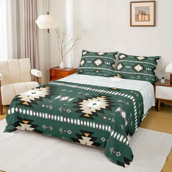 Homewish Green Aztec Bed Sheets 4pcs, Bohemian Geometric King Sheets, Rustic Lodge Cabin Farmhouse Sheet Set, Ultra Soft Home Decor