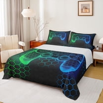 Homewish Green Blue Gamepad Bed Sheets, Gamer Gaming Theme King Sheets, Teens Kids Boys Girls Sheet Set, Lightweight Room Decor, 4 Pieces
