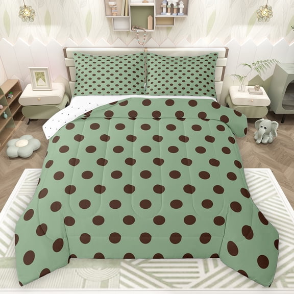 Homewish Green Brown Geometric Circle Boy Girl Bedding Comforter Set 2pcs,Polka Dots Twin Comforter Sets Microfiber,Vintage Aesthetic Breathable Bedding Set,Luxury Bedroom Decor,Reversible