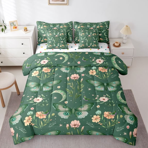Homewish Green Butterflies 7pcs Bedding Comforter Set for Boys Girls,Chic Flowers Queen Bedding Sets Super Cozy,Spring Graden Queen Sheet Sets,Microfiber Bedroom Decor,Reversible