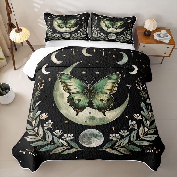 Homewish Green Butterfly Twin Quilt Set for Girls, Stars Moon Phase Twin Coverlet Set, 2pcs 1 Bedspread and 1 Pillowcase