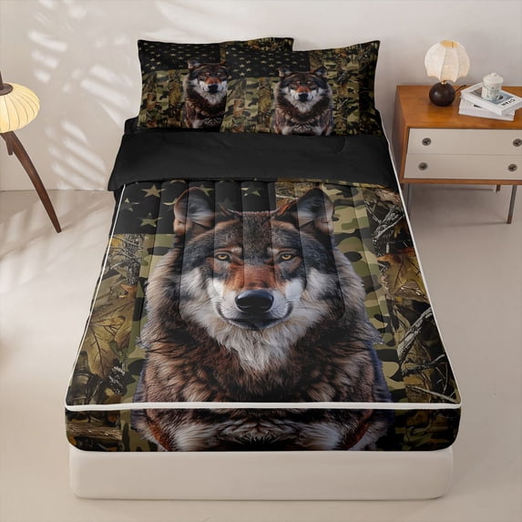 Homewish Green Camo Us Flag Wolf Print Zipper Twin Comforter Sets with Fitted Sheet and 2 Pillowcases,Patriotic Wildlife Zipper Bedding Set For Men And Women,Reversible,4-Piece