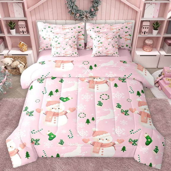 Homewish Green Candy Cane 7-Piece Twin Bedding Sets,Chic Christmas Floral Bedding Comforter Set,Kawaii Xmas Snowman Sheet Sets For Girl,Luxury Bedroom Decor Reversible