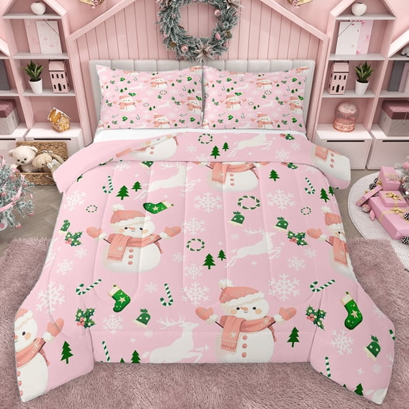Homewish Green Candy Cane Full Size Comforter Sets,Chic Christmas Floral Bedding Comforter Set,Kawaii Xmas Snowman Bedding Sets For Girl,Luxury Bedroom Decor Reversible,3 Pieces