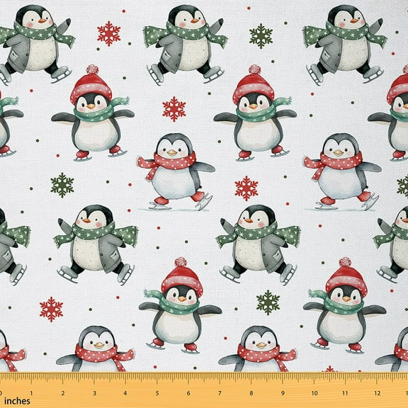 Homewish Green Cartoon Penguin 01 for Child, Winter Snowflake Room Decor Fabric by the Yard, Kawaii Animal Sewing Fabric, Microfiber Bedroom Decor