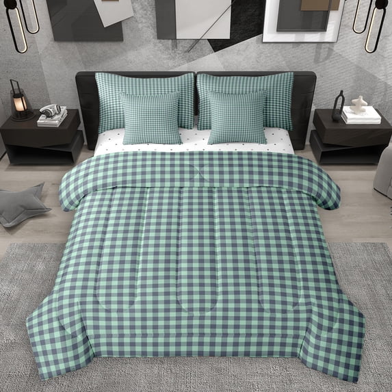 Homewish Green Checkerboard 7 Pieces Bedding Comforter Set,Geometric Plaid Grid Full Bedding Set,Modern Minimalism Artistic Fitted Sheet Flat Sheet For Kids,Breathable Home Decor Reversible