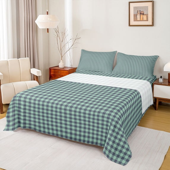 Homewish Green Checkerboard Queen Sheet Sets,Geometric Plaid Grid Flat Sheet,Modern Minimalism Artistic Queen Fitted Sheet For Kids,Breathable Home Decor,4pcs