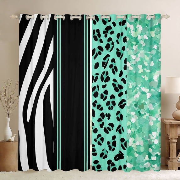 Homewish Green Cheetah Print Blackout Curtains Set of 2 (52x84 Each) for Girls, Animal Print Stripe Curtain