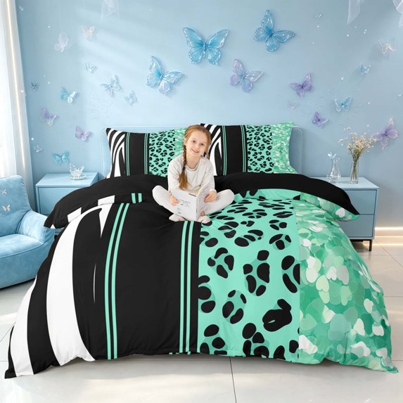 Homewish Green Cheetah Print Duvet Cover Queen for Girls, Animal Print Stripe Queen Bedding, Black Reversible, 3 Pieces 1 Duvet Cover and 2 Pillowcases