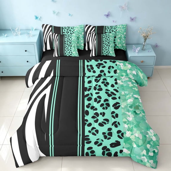 Homewish Green Cheetah Print Twin Bedding for Girls, Animal Print Stripe Bedding Comforter Set, Black Reversible, 7-Piece