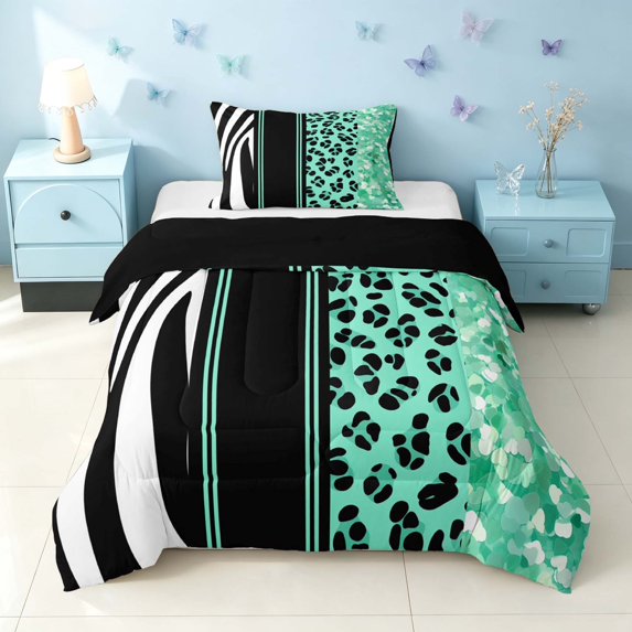 Homewish Green Cheetah Print Twin Comforter Sets for Girls, Animal Print Stripe Bedding Set, Black Reversible, 2-Piece 1 Comforter and 1 Pillowcase