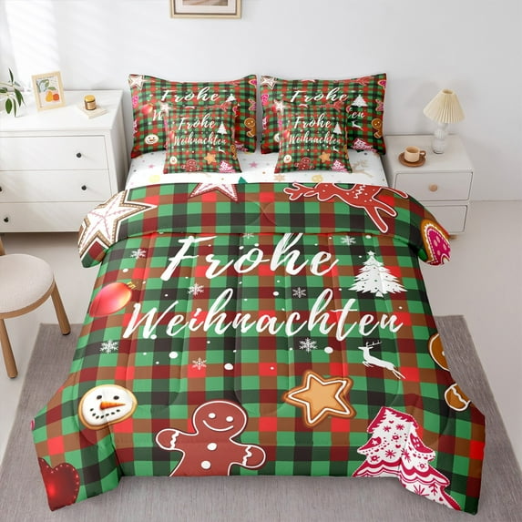 Homewish Green Christmas Buffalo Bedding Comforter Set 7-Piece for Teens, Kawaii Gingerbread Man King Bedding Sets, Cartoon Snowman Reversible Bed Sheets, Microfiber Bedroom Decor