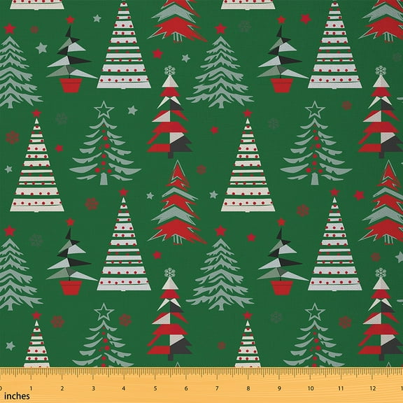 Homewish Green Christmas Tree Fabric by the Yard 1 Yard for Teens, Happy New Year Room Decor Fabric by the Yard, Kawaii Cute Cartoon Sewing Fabric, Luxury Bedroom Decor