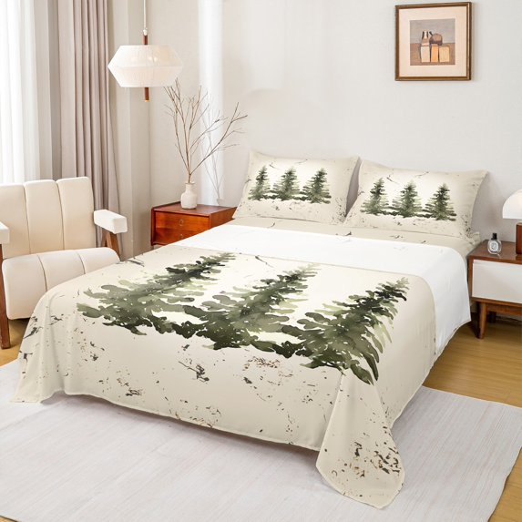 Homewish Green Christmas Tree Queen Sheet Sets, Vintage Watercolor Flat Sheet, Teens Kids Boys Girls Queen Fitted Sheet, Ultra Soft Bedroom Decor, 4-Piece