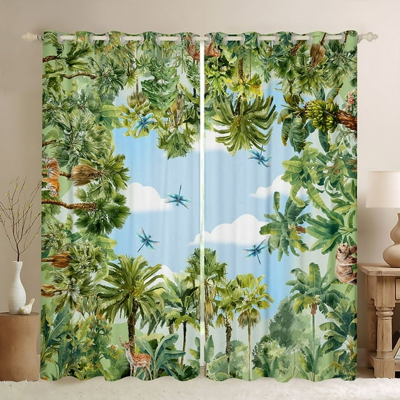 Homewish Green Coconut Tree Black Out Curtains, Sky Cloud Curtains Pack of 2 (42x63 Each)