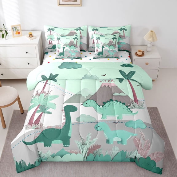 Homewish Green Dino 7 Pieces Bedding Comforter Set for Boys Girls,Cartoon Animal Dinosaur Full Bedding Set Lightweight,Botanical Plants Fitted Sheet Flat Sheet,Ultra Soft Home Decor,Reversible