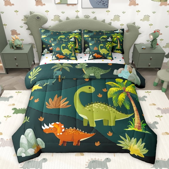 Homewish Green Dinosaur Animal Bedding Comforter Set 7pcs, Funny Jungle Wildlife King Bedding Sets, Kawaii Cartoon Theme Reversible Bed Sheets, Luxury Bedroom Decor