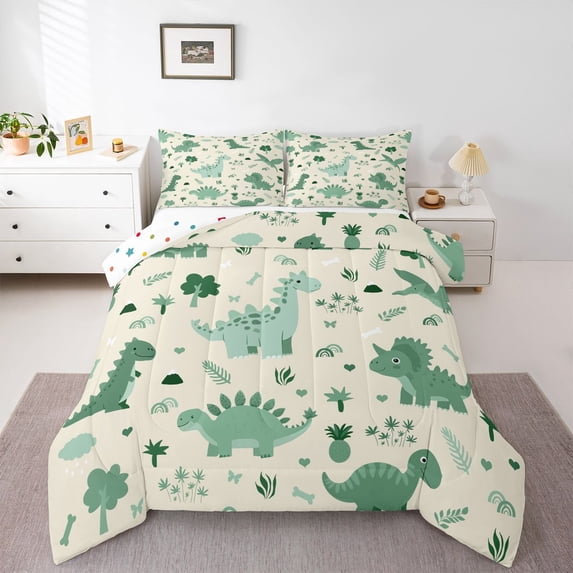 Homewish Green Dinosaur Animal Bedding Comforter Set, Kawaii Cartoon Style Twin Comforter Sets, Teens Kids Boys Girls Reversible Bedding Set, Super Cozy Room Decor, 2 Pieces