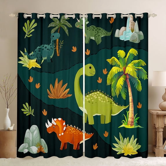 Homewish Green Dinosaur Animal Black Out Curtains, Funny Jungle Wildlife Curtains Pack of 2 (42x63 Each), Kawaii Cartoon Theme Bedroom Curtains, Curtains and Drapes Decor