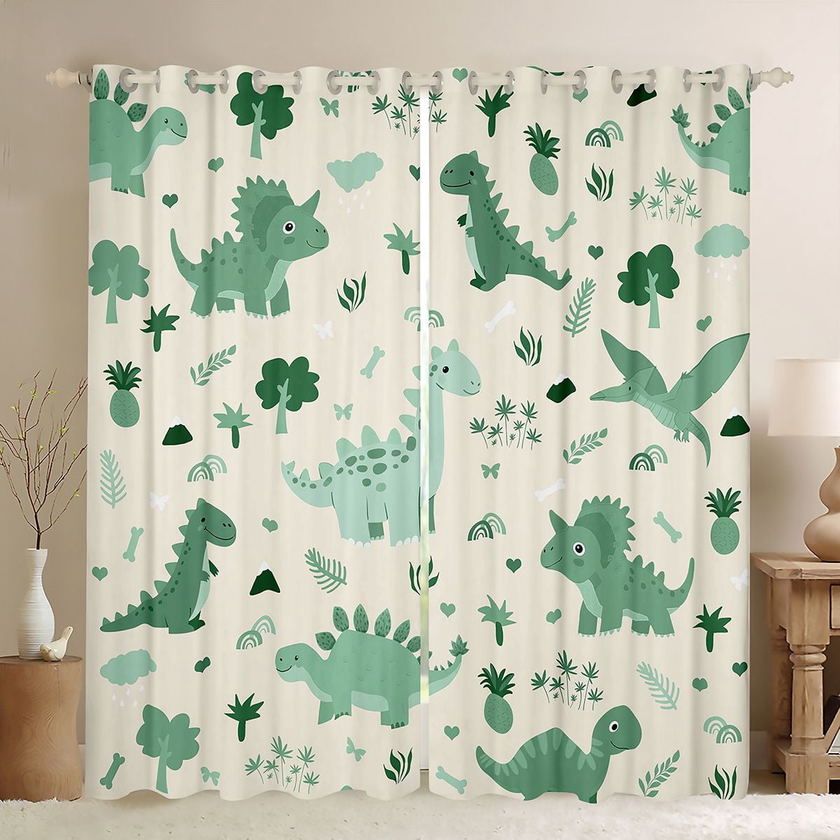 Homewish Green Dinosaur Animal Black Out Curtains, Kawaii Cartoon Style Curtains Pack of 2 (42x63 Each), Teens Kids Boys Girls Bedroom Curtains, Curtains Blackout Decor