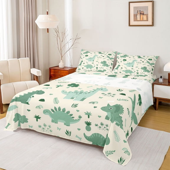 Homewish Green Dinosaur Animal Full Size Sheets, Kawaii Cartoon Style Bed Sheets, Teens Kids Boys Girls Sheet Sets, Super Cozy Room Decor, 4 Pieces