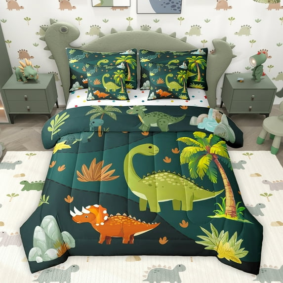 Homewish Green Dinosaur Animal Twin Bedding Sets 7-Piece, Funny Jungle Wildlife Bedding Comforter Set, Kawaii Cartoon Theme Reversible Sheet Sets, Luxury Bedroom Decor