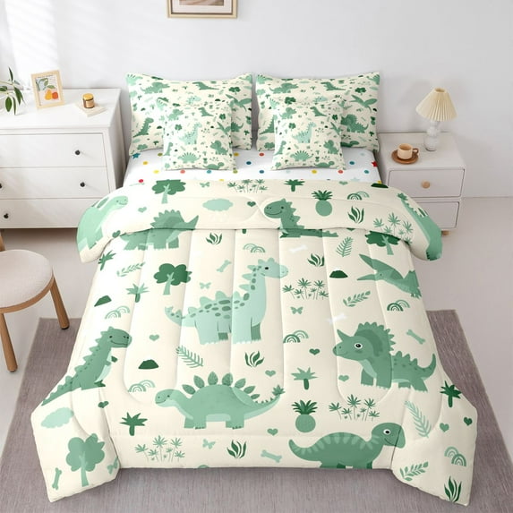 Homewish Green Dinosaur Animal Twin Bedding Sets 7-Piece, Kawaii Cartoon Style Bedding Comforter Set, Teens Kids Boys Girls Reversible Sheet Sets, Super Cozy Room Decor