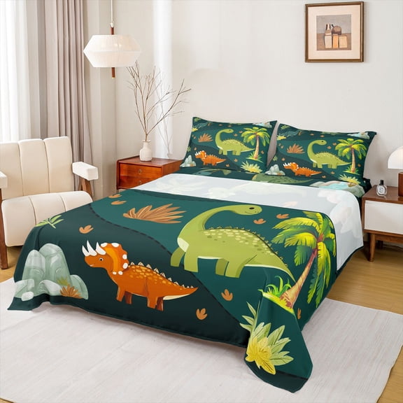 Homewish Green Dinosaur Animal Twin Sheet Sets, Funny Jungle Wildlife Twin Fitted Sheet, Kawaii Cartoon Theme Flat Sheet, Luxury Bedroom Decor, 3pcs