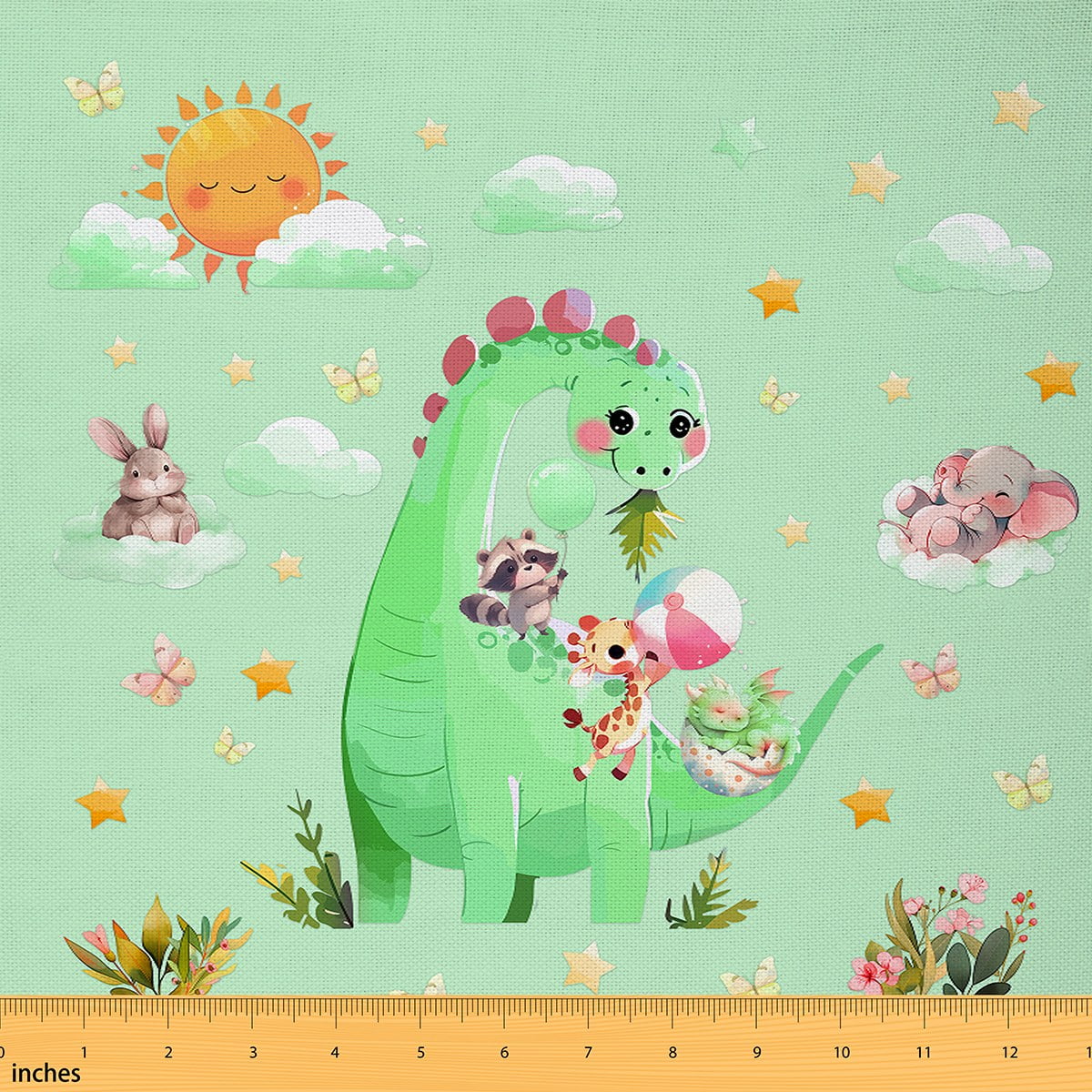 Homewish Green Dinsaur Fabric by the Yard 3 Yard,Cartoon Rabbit Raccoon Sewing Fabric,Rustic Flower Butterflies Room Decor Fabric by the Yard For Boys,Super Cozy Room Decor